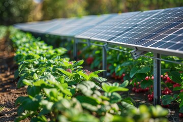 Fototapeta premium Solar Farm. Rows of solar panels in a farm setting.