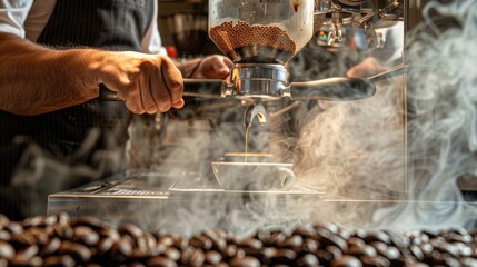 A dynamic angle raw photo of a barista preparing espresso, captured in action with steam and coffee beans in the foreground, showcasing expertise and coffee craftsmanship
