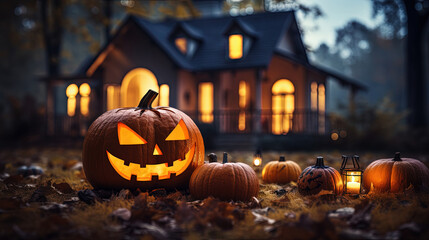 Vertical shot of a jack-o-lantern against a spooky house - Halloween theme