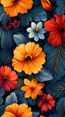 Obraz premium Seamless pattern with flowers, leaves, and abstract colors for a vintage wallpaper or nature-inspired design.