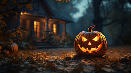 Vertical shot of a jack-o-lantern against a spooky house - Halloween theme