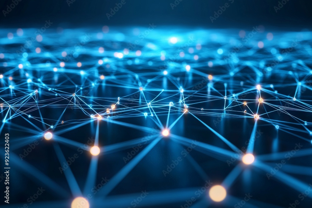 Poster abstract futuristic network with glowing nodes and lines, representing technology, connectivity, and