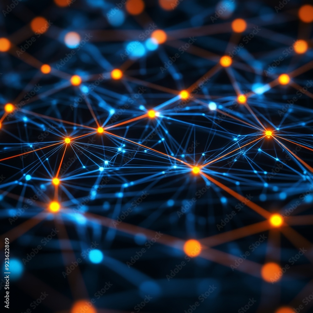 Poster abstract network of glowing blue and orange nodes and lines symbolizing connectivity and technology 