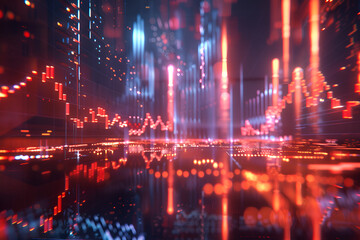 Fototapeta premium Abstract digital stock market graph in city backdrop, showing financial data and business growth in glowing light.,Abstract digital stock market graph in city backdrop, showing financial data and bus 