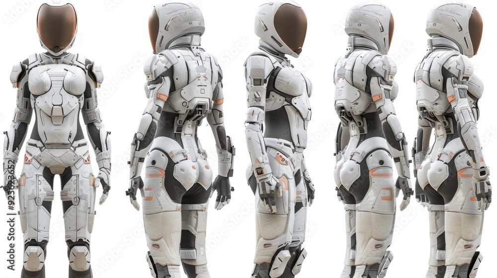 Poster futuristic humanoid robot design displayed from multiple angles against a neutral background