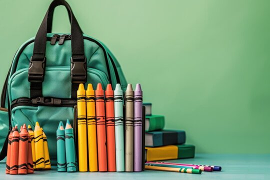 Education theme with books, crayons, and a backpack, back to school concept with copy space