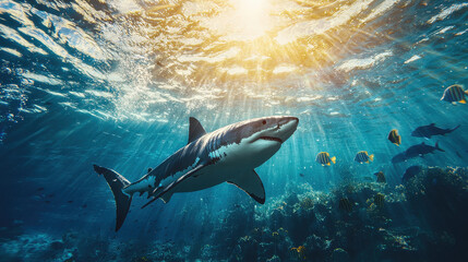 Obraz premium A powerful great white shark glides gracefully through the ocean, its sleek body cutting through the water, with beams of sunlight shining from above, illuminating the marine scene.