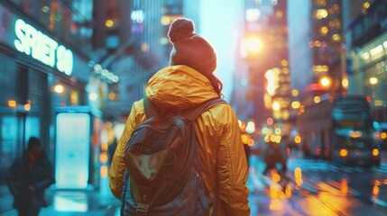 Obraz premium An ambitious traveler embraces the fast-paced lifestyle of the city, walking confidently through the vibrant streets with determination and drive, their dynamic mood evident in the urban landscape