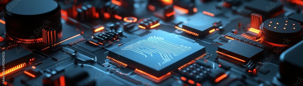 Poster close-up image of a computer motherboard with glowing circuits and electronic components, showcasing