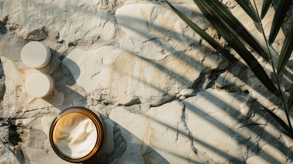 Wall mural Clean product setup on stone background with palm leaves shadow, raw photo