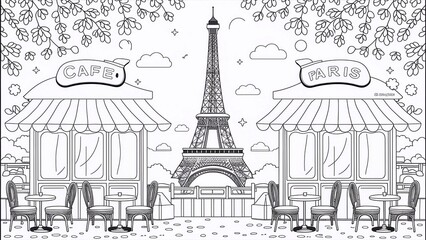 Coloring book for children and adults. Cafe on the background of the Eiffel Tower, Paris, pleasant atmosphere. simple black lines on a black and white background.