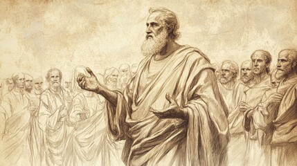 Fototapeta premium Exodus:Laws About Property,Authority and Clarity as Moses Explains Property Laws to Israelites - Biblical Illustration, Bible Wall Art, Beige Background - Laws About Property