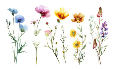 Wild flowers set, watercolor digital illustration. Perfectly for poster, card design. Mother's Day, Birthday, Valentine's day decoration