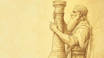 Fototapeta premium Exodus:Bezalel and Oholiab,Bezalel Creating Intricate Lampstand with Perfect Details as per God's Instructions - Biblical Illustration, Bible Wall Art, Beige Background