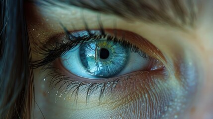 Close-up of a blue eye reflecting foliage in natural light during daytime