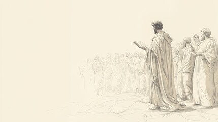 Fototapeta premium Exodus:Consecration of the Firstborn,Israelites Gather as Moses Reads God's Command to Consecrate Firstborn - Biblical Illustration, Bible Wall Art, Beige Background - Consecration of Firstborn