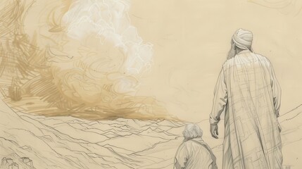 Fototapeta premium Exodus:God's Promise to Moses,Bible Wall Art of God Showing Moses Vision of Promised Land, Milk and Honey, Moses in Amazement, Biblical Illustration with Beige Background