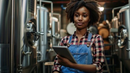 Obraz premium A confident young woman stands in a brewery, tablet in hand, observing the brewing equipment and engaged in her work