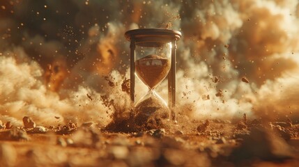 Hourglass surrounded by dust and debris in a dramatic, swirling environment