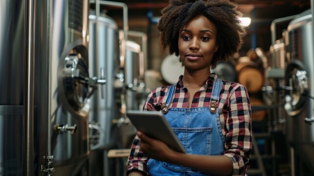 A confident young woman stands in a brewery, tablet in hand, observing the brewing equipment and engaged in her work