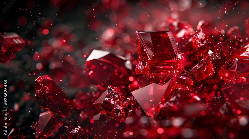 Poster close-up of sparkling red crystals reflecting light in a dark setting