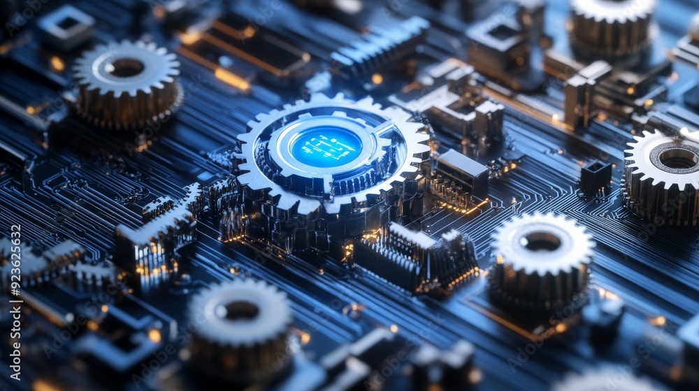 Poster close-up of a futuristic circuit board with glowing components and gears, symbolizing advanced techn