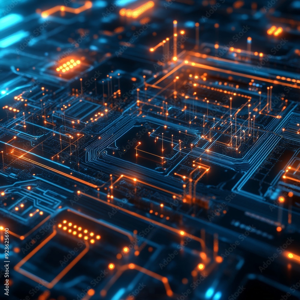 Poster close-up of a futuristic circuit board with glowing pathways and electronic components, representing