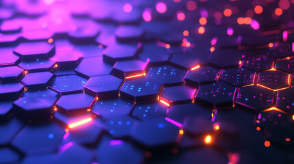 An intricate 3D background featuring layered hexagonal patterns with glowing edges and soft neon lights. The design combines dark and bright colors for an energetic and vibrant feel. 3D rendering .