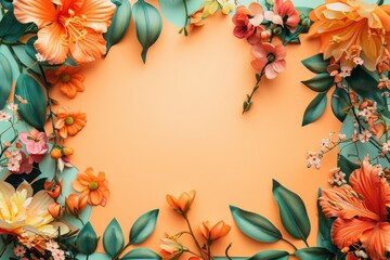 A stylish flat lay arrangement showcasing a frame of beautiful flowers on a vibrant background.