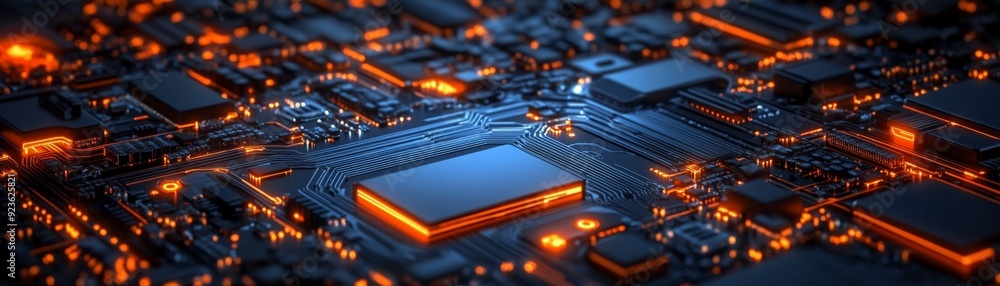 Poster close-up of a glowing circuit board with orange and blue lights, depicting the concept of advanced t