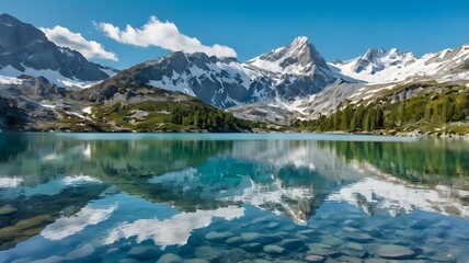 Fototapeta premium Crystal-Clear Alpine Lake: Pristine Turquoise Waters Reflecting Snow-Capped Peaks