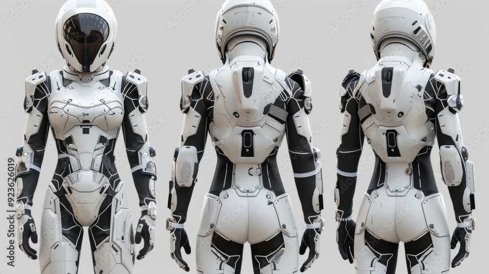 Poster futuristic robotic suit design showcased from multiple angles in a neutral background