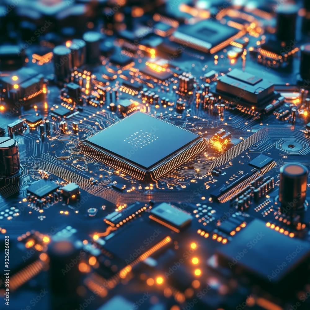 Poster close-up of a glowing computer motherboard with microchips and circuitry, showcasing the intricate d