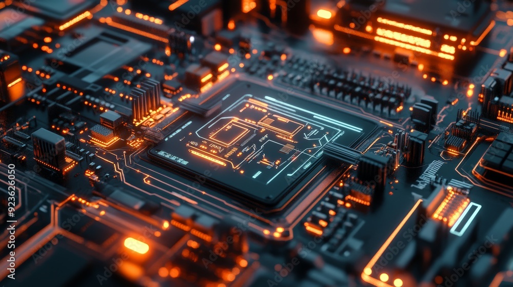 Poster close-up of a glowing computer motherboard with circuits and components, showcasing technology and i