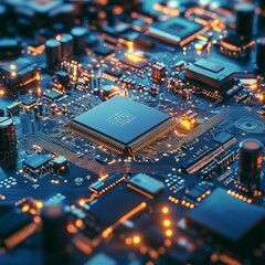 Obraz premium Close-up of a glowing computer motherboard with microchips and circuitry, showcasing the intricate details of electronic technology.