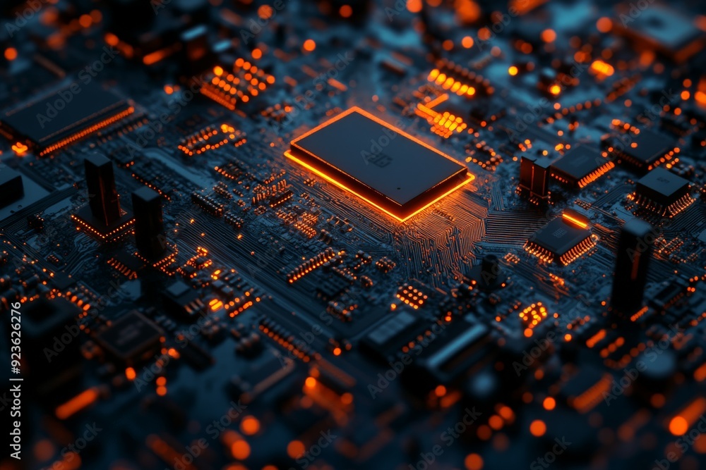 Poster close-up of a glowing microchip on a circuit board, illustrating advanced technology and modern elec