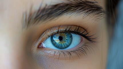 Fototapeta premium Close-up of a blue eye with detailed iris patterns and natural eyelashes
