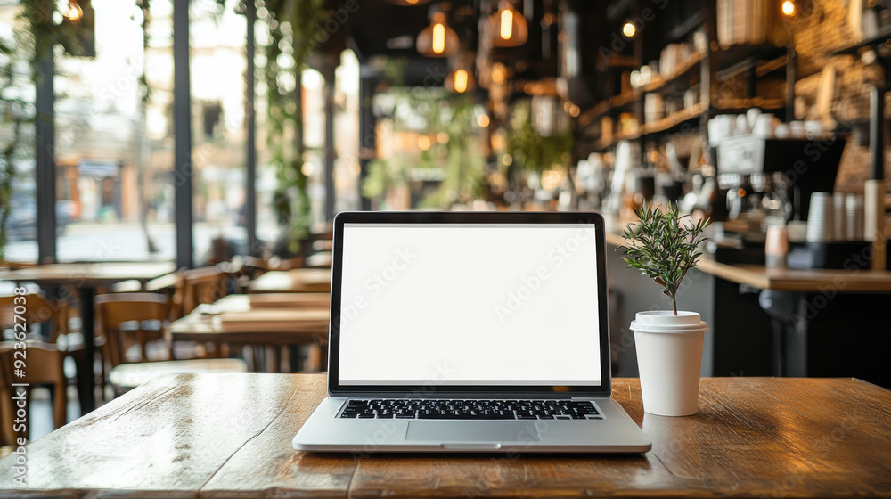 Wall mural laptop with a blank screen on a wooden cafã© table, with a warm coffee shop ambiance in the backgrou