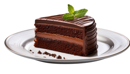 Slice of rich chocolate cake with glossy frosting and a mint garnish on a white plate, highlighting indulgence and dessert perfection, Perfect for bakery ads, menus, and confectionery branding.