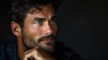 Obraz premium Close-up of a man with striking blue eyes and beard, lost in thought in a dimly lit space