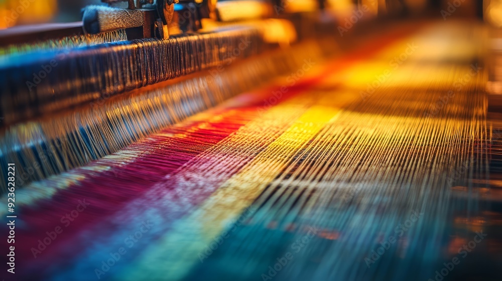 Poster colorful threads intertwine in a masterful weaving technique at a loom