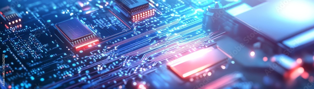 Poster close-up of an illuminated electronic circuit board, showcasing intricate details of components and 