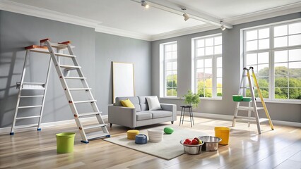 A clean and modern living room with a ladder, paint cans, and tools, showcasing a professional interior painting service in progress, with a fresh coat.