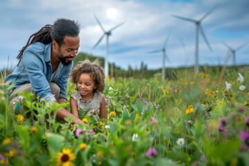 A father and his young daughter are enjoying time together in a wildflower field with wind turbines in the background. Environmental education, sustainability. Connection with nature,renewable energy