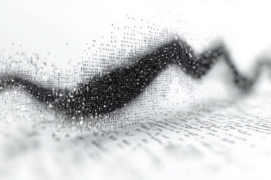Data safeguard failure, binary code escaping, liquid effect illustration, grayscale. Isolated on white background, Copy space for text, No logo, No Trademark, No text