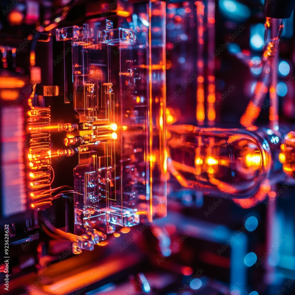 Poster close-up of illuminated circuit board showcasing vibrant lights and intricate components, symbolizin