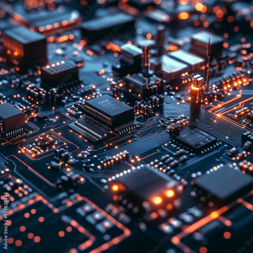 Poster close-up view of a complex electronic circuit board with glowing components and intricate connection