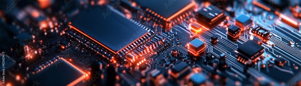 Poster close-up view of a futuristic, illuminated circuit board with intricate pathways and components, sho