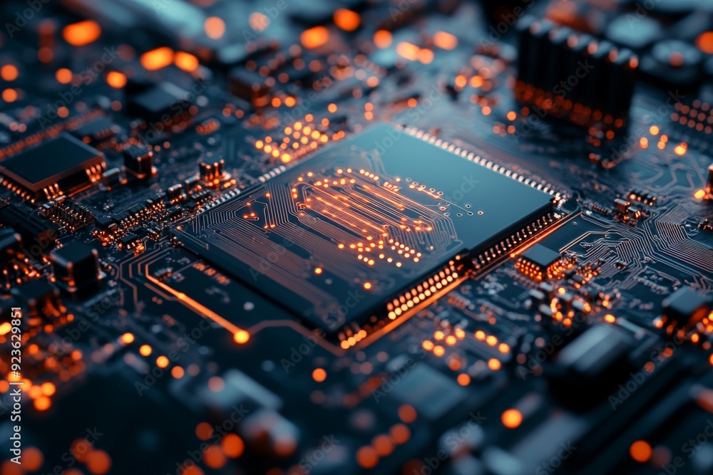 Poster close-up view of a glowing, modern computer circuit board with microchips, showcasing advanced techn