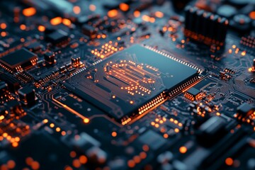 Obraz premium Close-up view of a glowing, modern computer circuit board with microchips, showcasing advanced technology and intricate electronics.